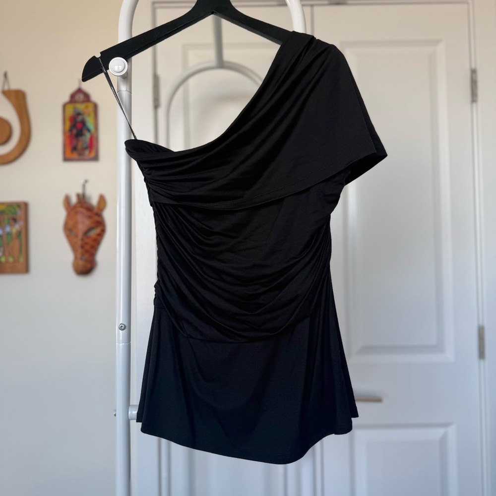 NWT Josie Natori Black Draped One Shoulder Top